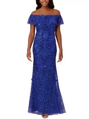 Adrianna Papell - Blue Embellished Off-The-Shoulder Gown - US Size 10